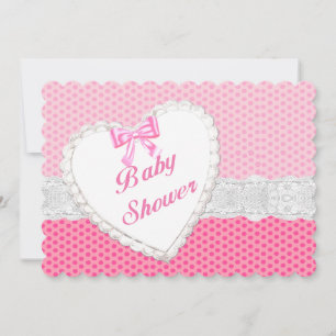 Pink Polka Dot Lace Heart Baby Shower Invitation