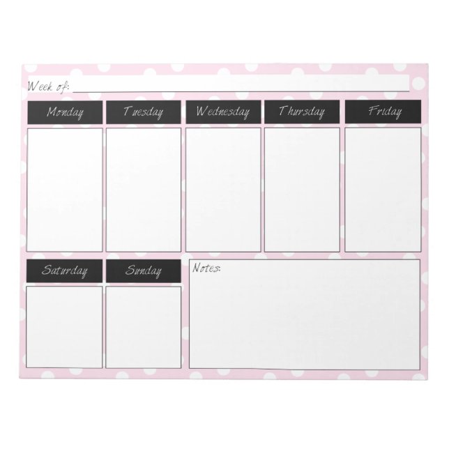 Pink Polka Dot Pattern Weekly Calendar Notepad (Front)