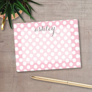 Pink Polka Dot Pattern with Grey Script Name Post-it Notes