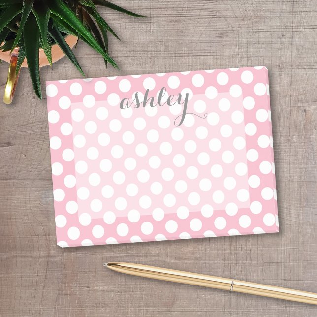 Pink Polka Dot Pattern with Grey Script Name Post-it Notes (Personalized post-it notes with a monogram and contact information - low quantity available)