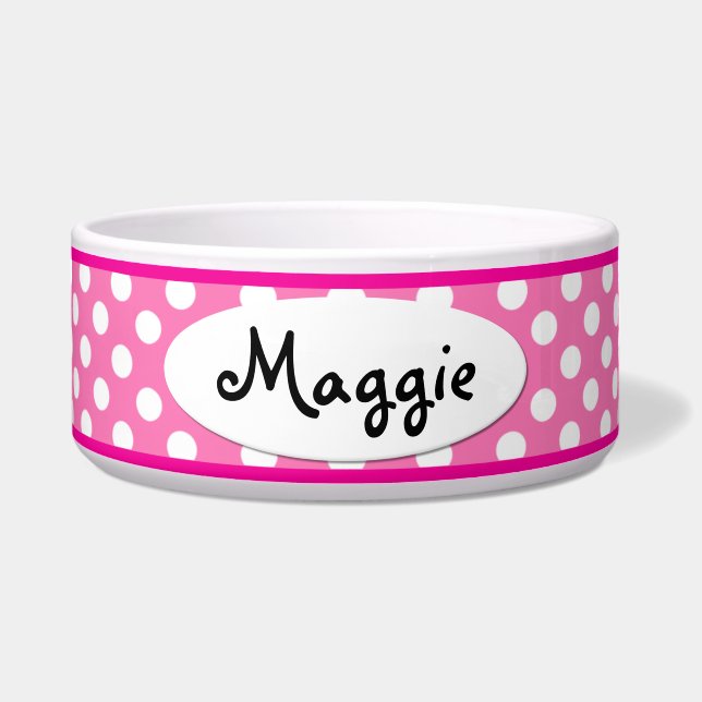 Pink Polka Dot Personalised Small Dog Bowl (Front)