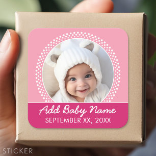 Pink Polka Dot Photo Frame Baby Girl Square Sticker