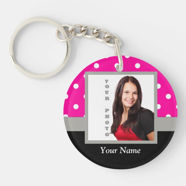 Pink Polka dot photo template Key Ring (Front)