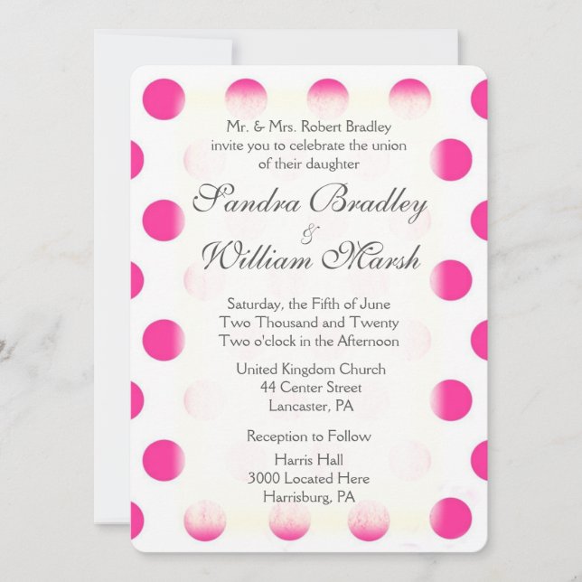 Pink Polka Dot Print Wedding Invitation (Front)