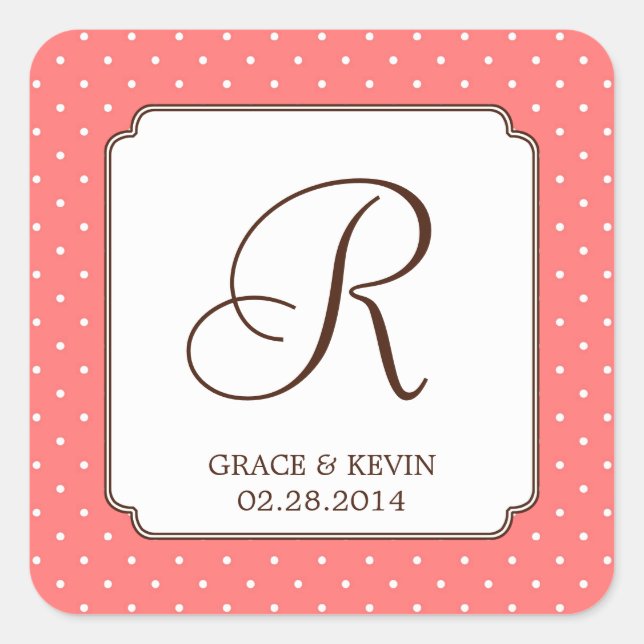 Pink polka dot single monogram letter custom square sticker (Front)