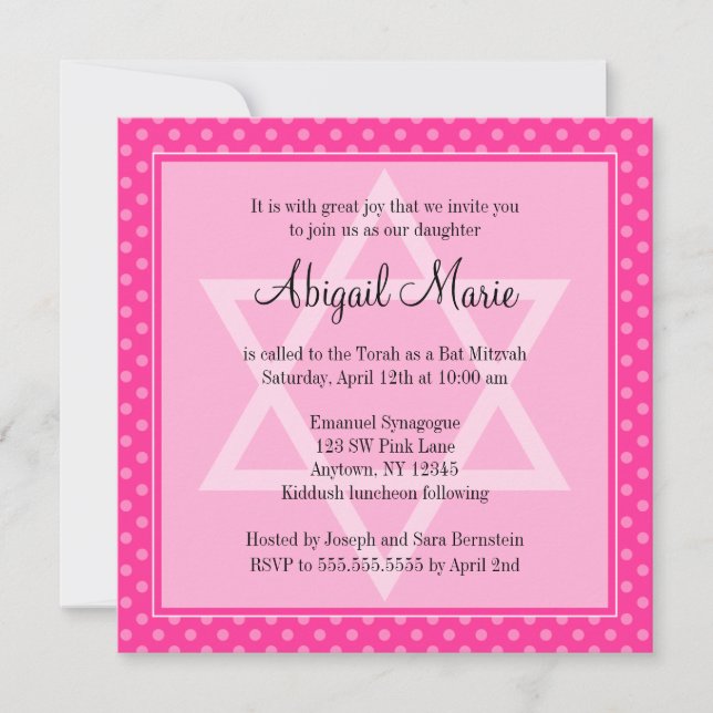 Pink Polka Dot Star of David Bat Mitzvah Square Invitation (Front)