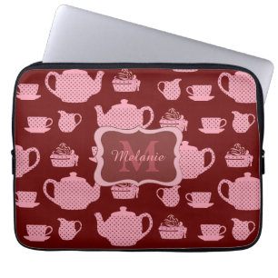 Pink Polka Dot Tea Set Burgundy Personalised Laptop Sleeve