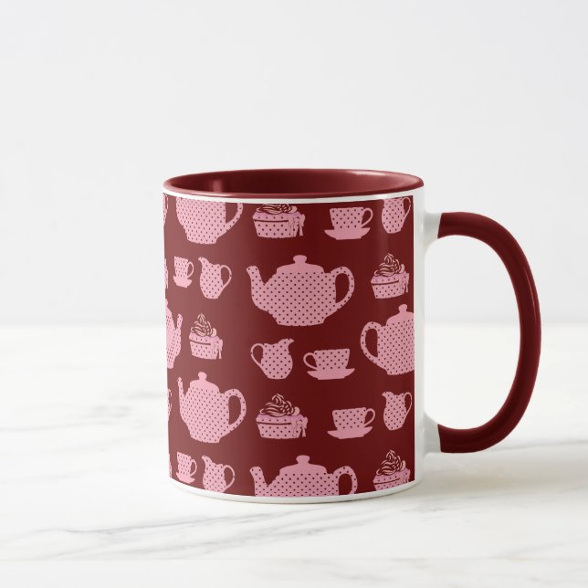 Pink Polka Dot Tea Set on Burgundy Mug (Right)