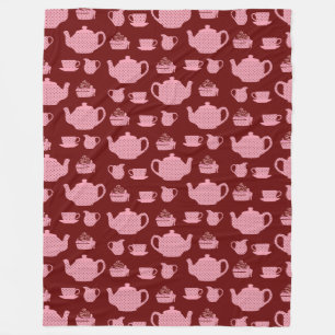 Pink Polka Dot Tea Set on Burgundy Pattern Fleece Blanket