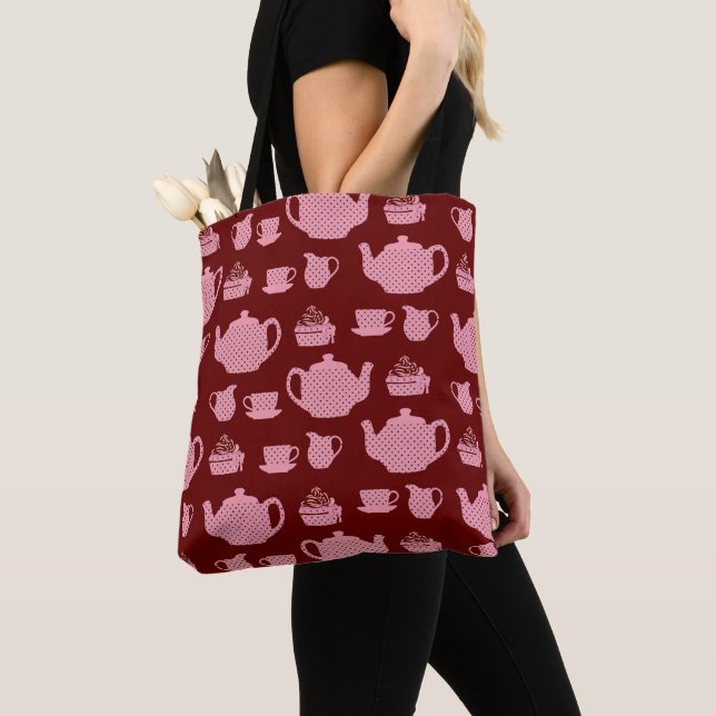 Pink Polka Dot Tea Set on Burgundy Pattern Tote Bag (Close Up)
