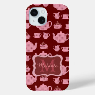 Pink Polka Dot Tea Set on Burgundy Personalised iPhone 15 Case