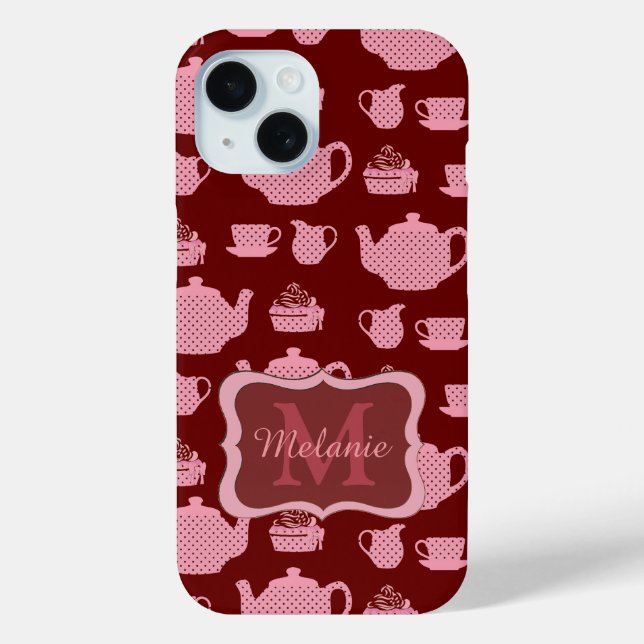 Pink Polka Dot Tea Set on Burgundy Personalised Case-Mate iPhone Case (Back)