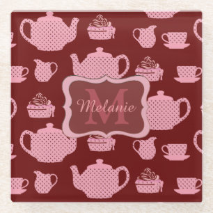 Pink Polka Dot Tea Set on Burgundy Personalised Glass Coaster