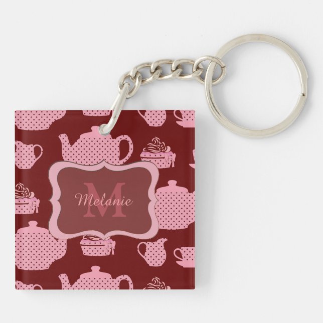 Pink Polka Dot Tea Set on Burgundy Personalised Key Ring (Back)