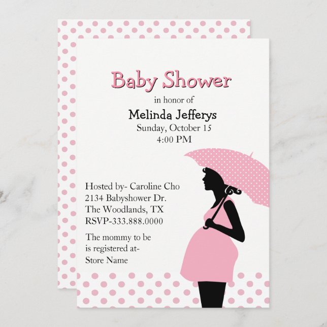 Pink Polka Dot Umbrella Baby Shower Invitation (Front/Back)