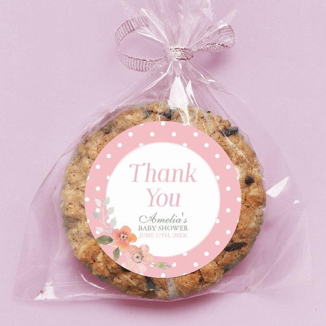 Pink Polka Dot with Delicate Floral Thank You Classic Round Sticker (Creator Uploaded)