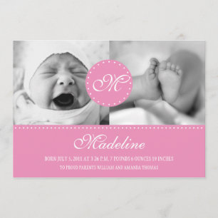 Pink Polka Dot with Monogram Birth Announcement