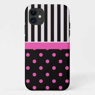 pink polka dots and B&W strips iPhone 11 Case