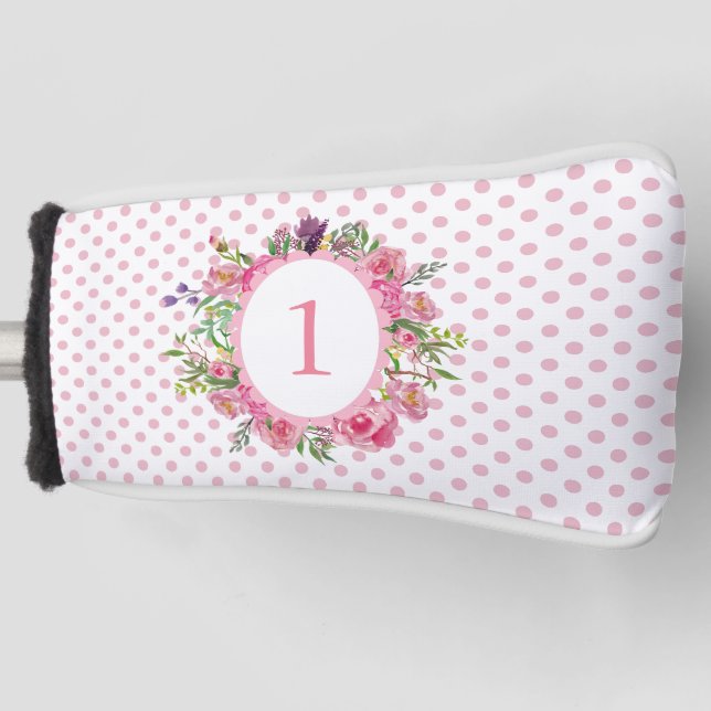 Pink Polka Dots and Flowers Putter Cover (Front)