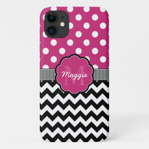 Pink Polka Dots Black Chevron Monogram iPhone 11 Case