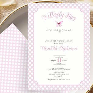 Pink Polka Dots Butterfly Kisses Baby Wishes Invitation