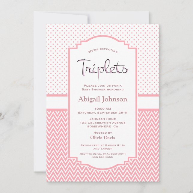 Pink Polka Dots Chevron Stripes Triplets Invitation (Front)