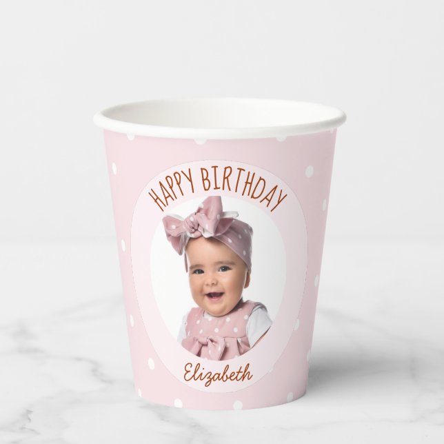 Pink Polka Dots Girl Birthday Photo Happy Birthday Paper Cups (Front)