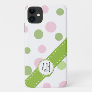 Pink Polka Dots, Green Polka Dots, Monogram iPhone 11 Case
