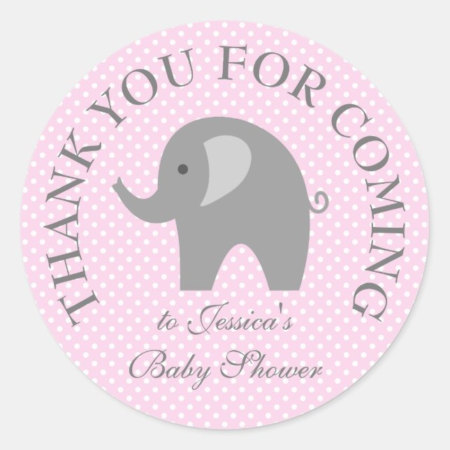 Pink polka dots grey elephant baby shower stickers (Front)