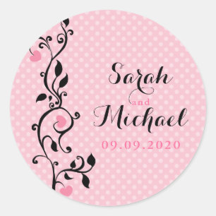 Pink Polka Dots Heart Vine Wedding Classic Round Sticker