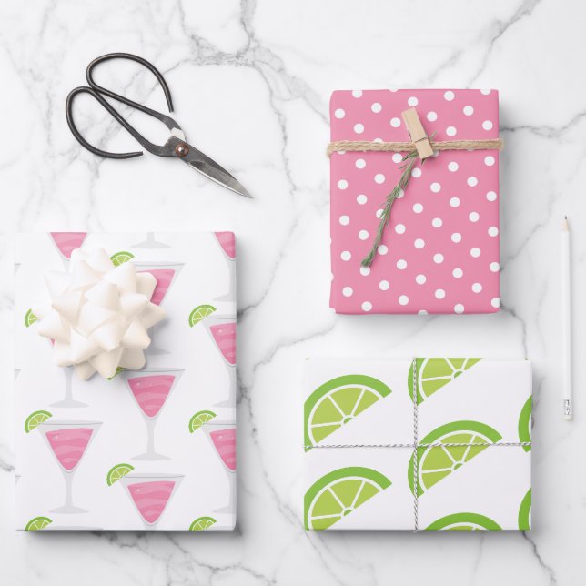 Pink Polka Dots Lime Cocktail Gift Wrap Sheets (Front)