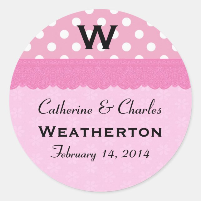 Pink Polka Dots Monogram Wedding Classic Round Sticker (Front)