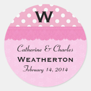 Pink Polka Dots Monogram Wedding Classic Round Sticker