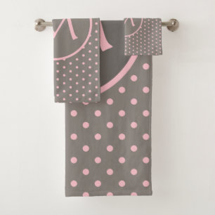 Pink polka dots monogrammed grey bath towel set