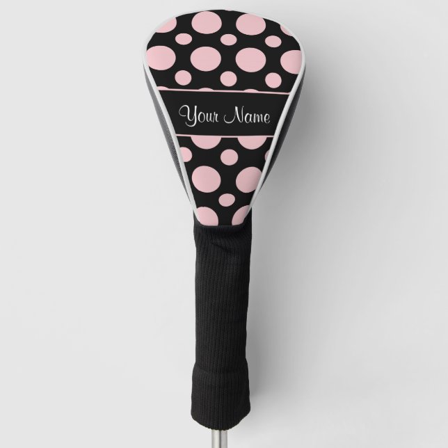 Pink Polka Dots On Black Background Golf Head Cover (Front)