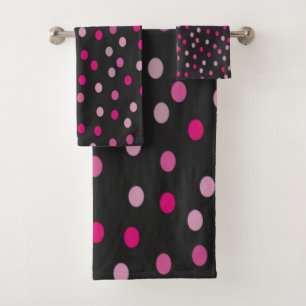 Pink Polka Dots on Black Bath Towel Set