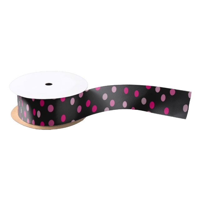 Pink Polka Dots on Black  Satin Ribbon (Spool)