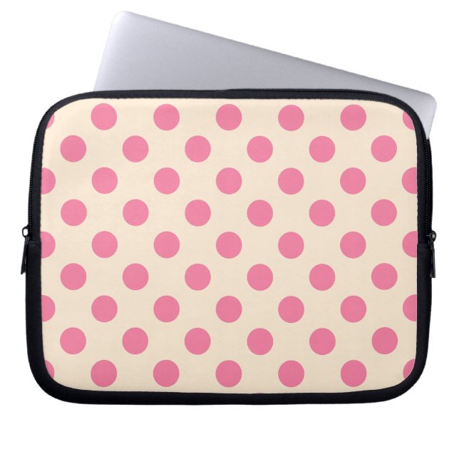 Pink polka dots on cream laptop sleeve (Front)