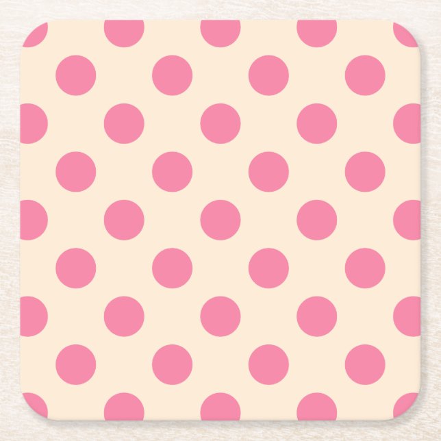 Pink polka dots on cream square paper coaster (Front)