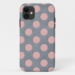 Pink Polka Dots on Grey Leather Print iPhone 11 Case