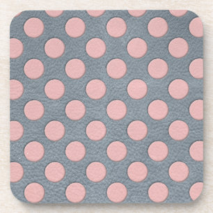Pink Polka Dots on Grey Leather Print Coaster