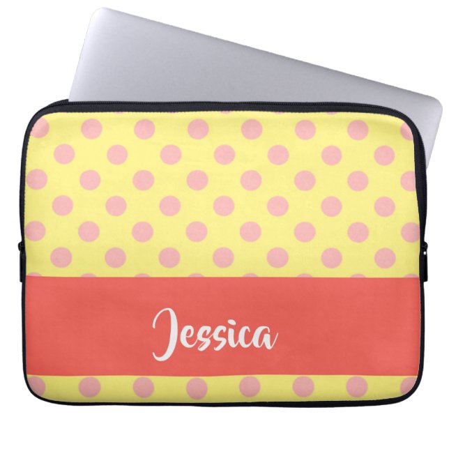 Pink polka dots on yellow laptop sleeve (Front)