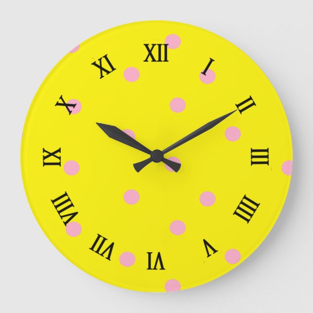 Pink polka dots on yellow  large clock (Front)