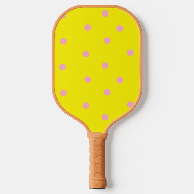 Pink polka dots on yellow  pickleball paddle (Front)