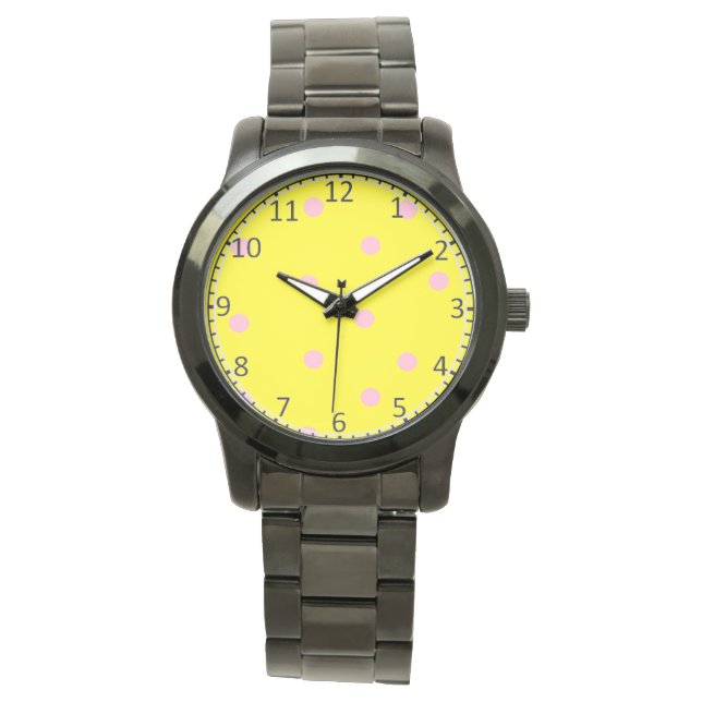 Pink polka dots on yellow  watch (Front)