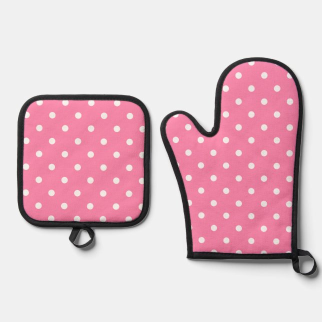 Pink Polka Dots Oven Mitt & Pot Holder Set (Front)