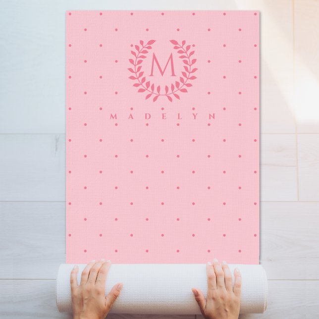 Pink Polka Dots Pattern And Pretty Laurel Monogram Yoga Mat (Creator Uploaded)