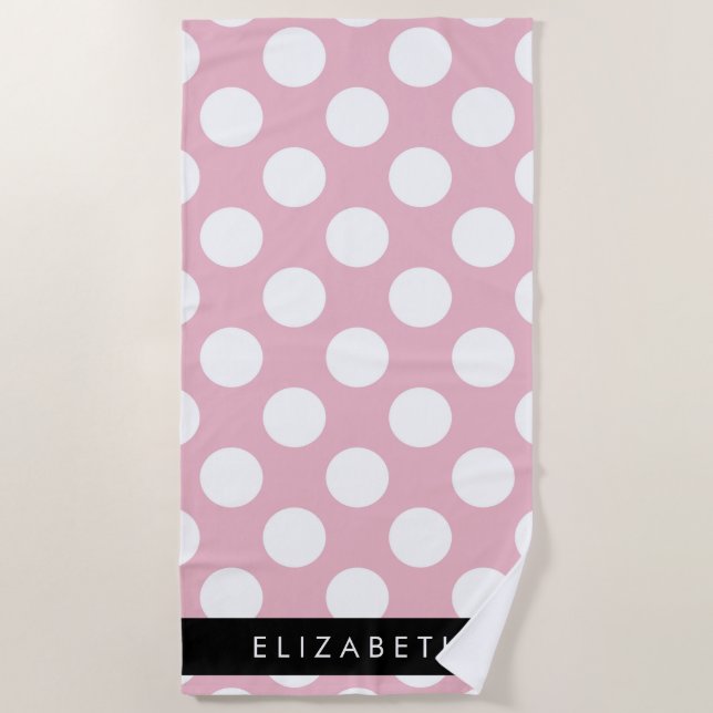 Pink Polka Dots, Polka Dot Pattern, Your Name Beach Towel (Front)