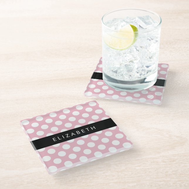 Pink Polka Dots, Polka Dot Pattern, Your Name Glass Coaster (Angled)