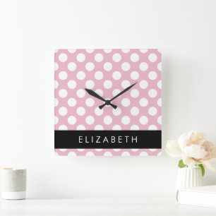 Pink Polka Dots, Polka Dot Pattern, Your Name Square Wall Clock